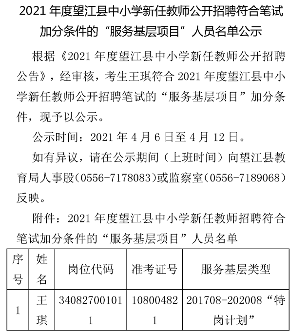 2021年安徽安庆望江县中小学新任教师公开招聘笔试加分名单公示